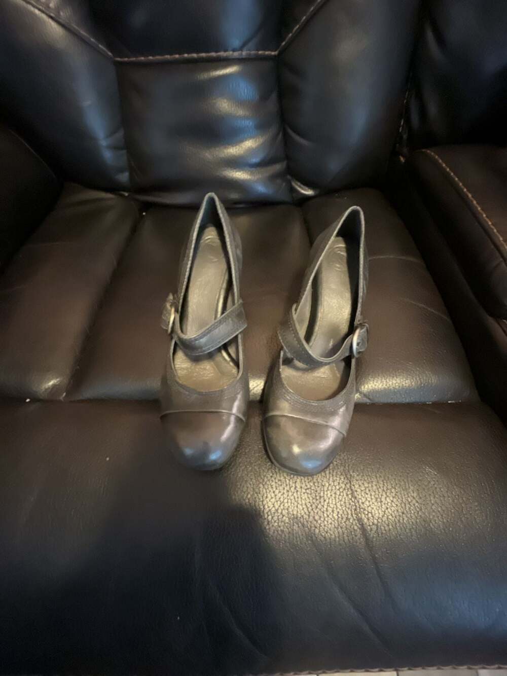 Nurture Gray Leather Mary Jane Block Heel Pumps Size 8M